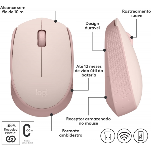 Mouse sem Fio USB Logitech M170 - Rosa