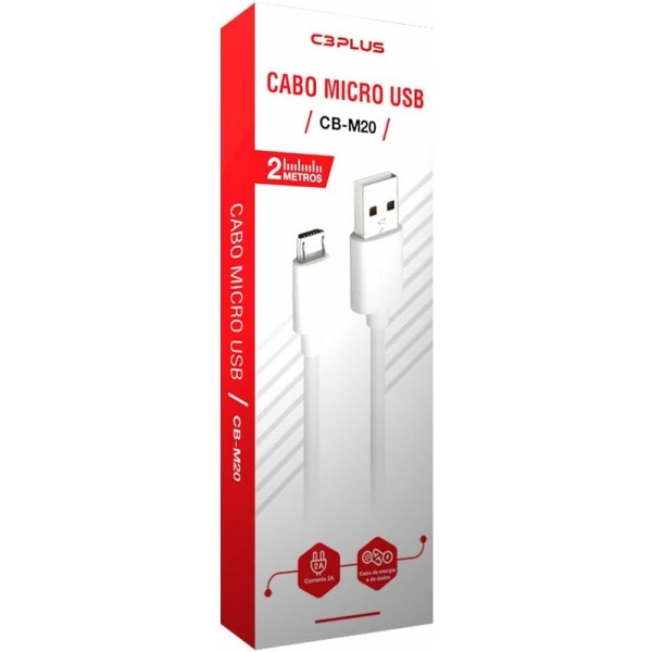 Cabo Celular USB Micro USB 2,0m 2A C3 Tech CB-M20 - Branco