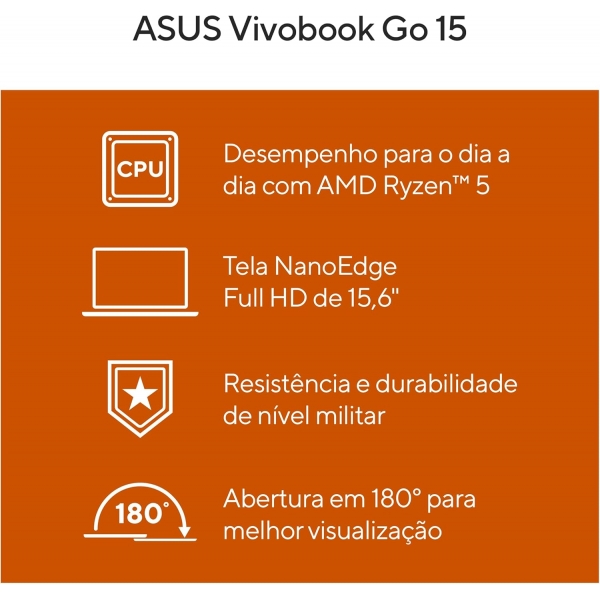 Notebook Asus Vivobook E1504F AMD Ryzen 5-7520u 8GB DDR5 256GB SSD Tela 15.6 Full HD Radeon 610M Keep OS