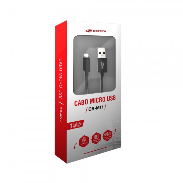 Cabo Celular USB Micro USB 1,0m 2A C3 Tech CB-M11 - Cinza