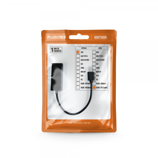 Adaptador USB 3.0 para Rede RJ-45 Pluscable ADP-USBLAN1000BK - Gigabit