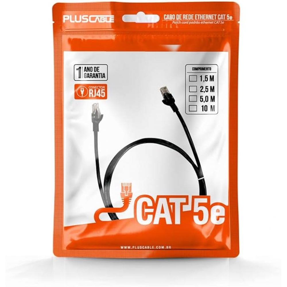 Cabo Rede Patch Cord CAT5E 5m Pluscable PC-ETHU50BK Preto