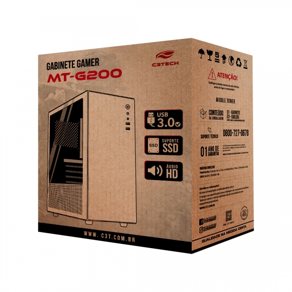 Gabinete Gamer ATX sem Fonte C/ 3 Coolers USB 3.0 C3 Tech MT-G200WH
