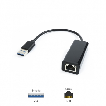 Adaptador USB 3.0 para Rede RJ-45 Pluscable ADP-USBLAN1000BK - Gigabit