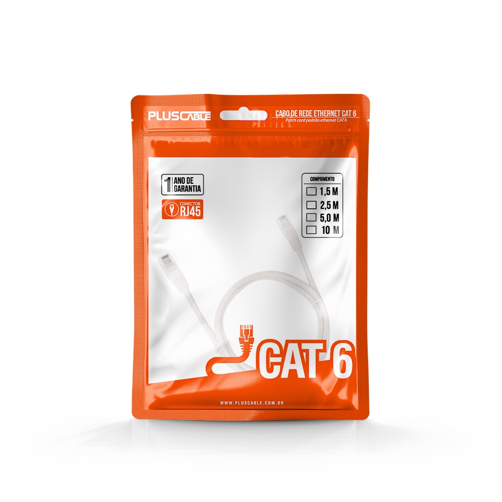 Cabo Rede Patch Cord CAT6 2,5m Pluscable ETH6U25WH Branco