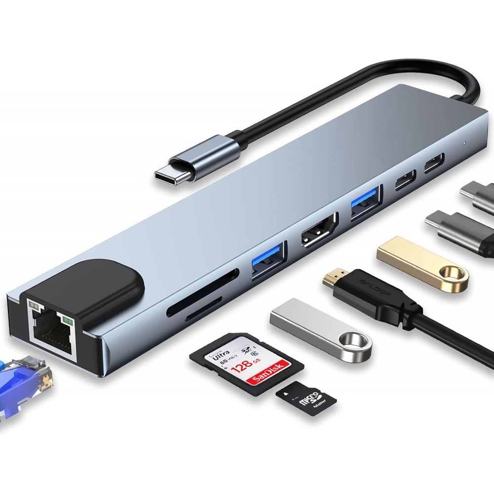 Hub USB Tipo C 8 em 1 CDC (RJ-45+HDMI+SD+TF+PD) Shinka