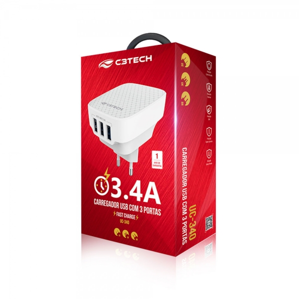 Carregador Tomada USB 3,4A Celular C3 Tech UC-340WH