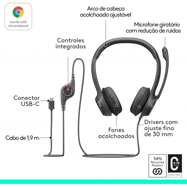 Headset Fone de Ouvido audio digital Logitech H390 Preto USB C