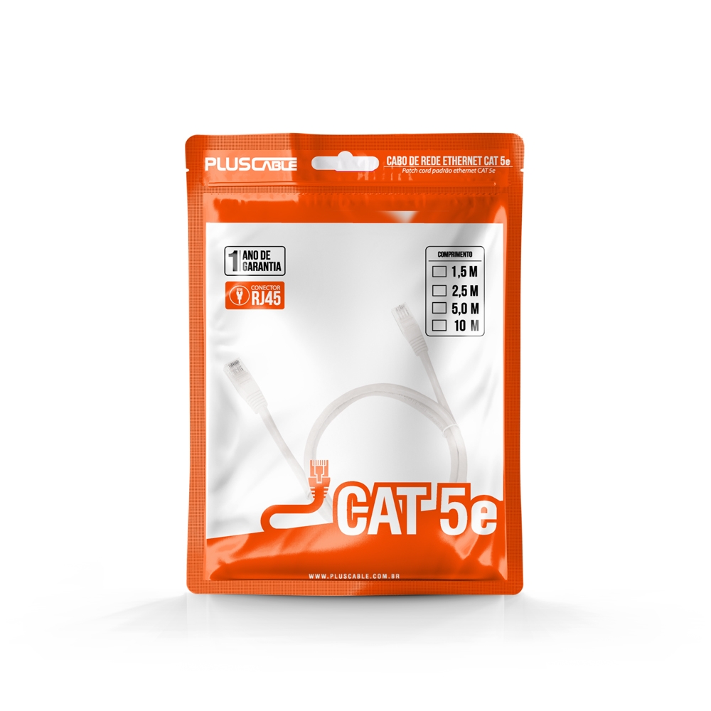 Cabo Rede Patch Cord CAT5E 5m Pluscable PC-ETHU50WH Branco