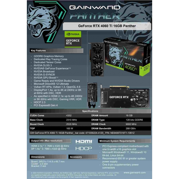 Placa de Vídeo RTX4060Ti 16GB GDDR6 128 Bits Gainward Panther