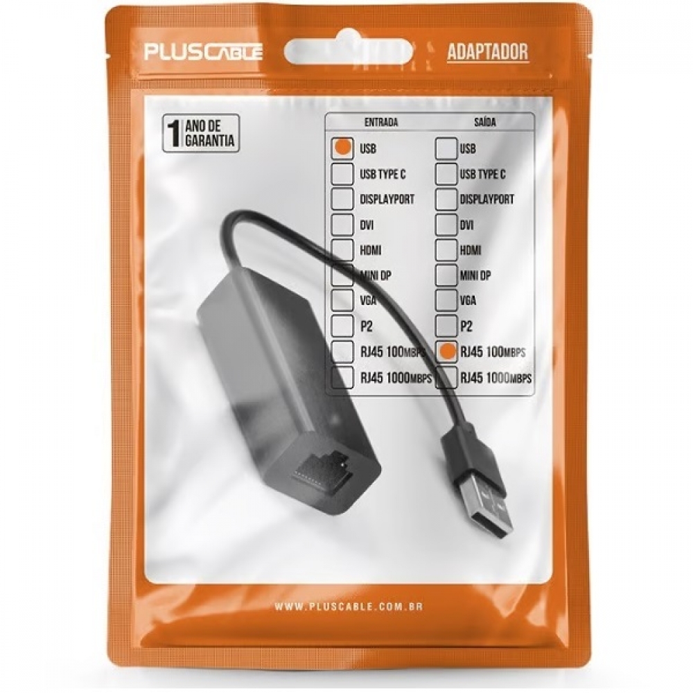 Adaptador USB 2.0 para Rede RJ-45 Pluscable ADP-USBLAN100BK