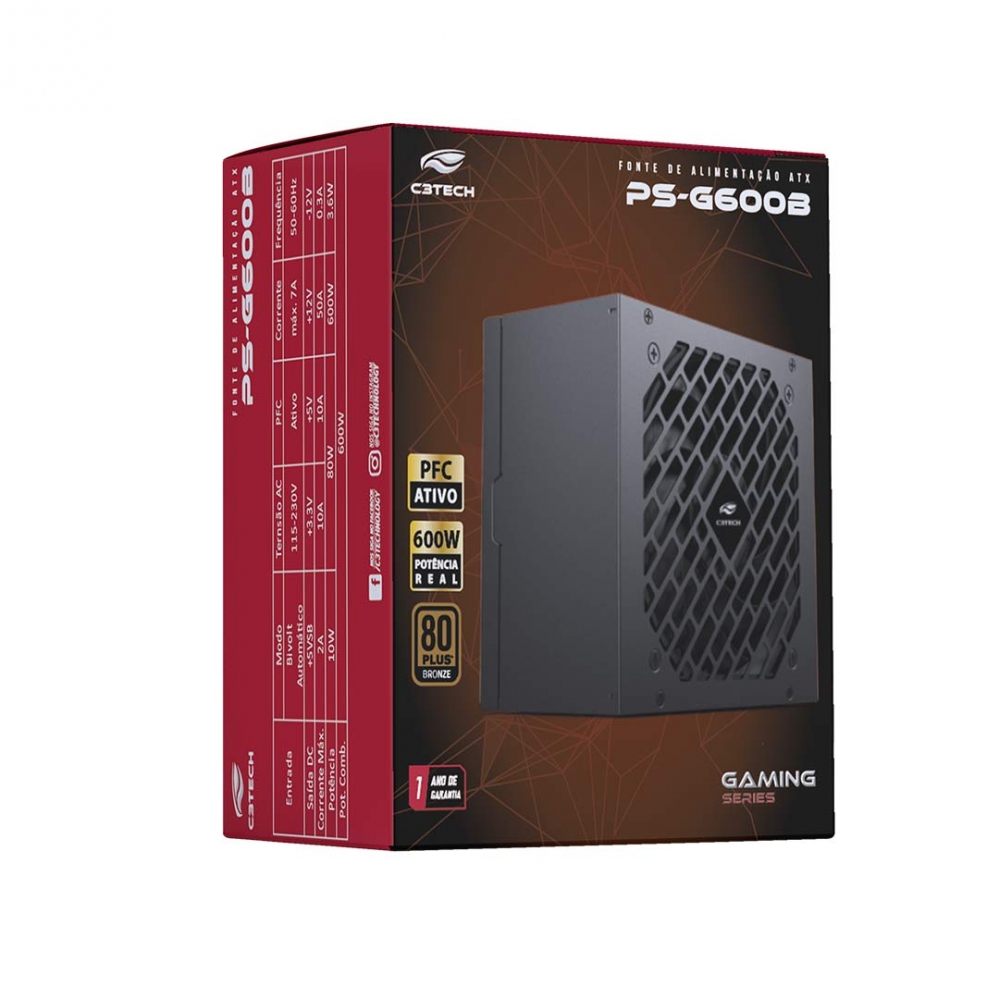 Fonte de alimentação ATX 600W 80 Plus Bronze C3 Tech PS-G600B