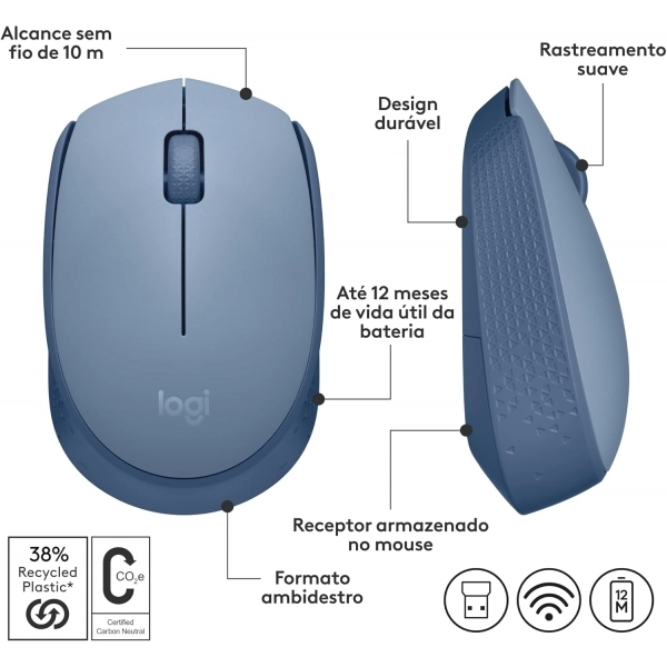 Mouse sem Fio USB Logitech M170 - Azul Gray