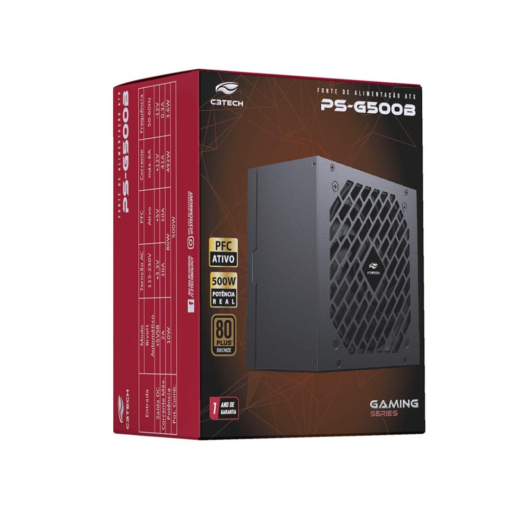 Fonte de alimentação ATX 500W 80 Plus Bronze C3 Tech PS-G500B